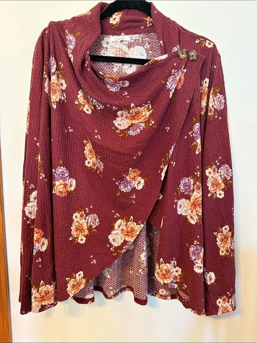 Maurices Floral Cowl Front Cardigan in Burgundy & Pink